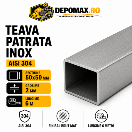 Teava patrata inox AISI 304, 50 x 50 x 2 mm, 6 metri
